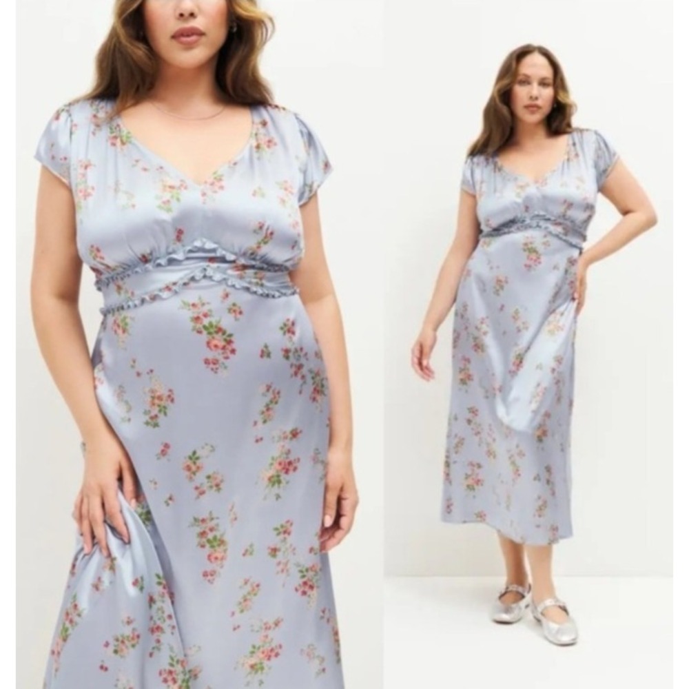Reformation Dress Size 16 Melba Blue Floral Kaye Silk V-Neck Midi Cap Sleeve